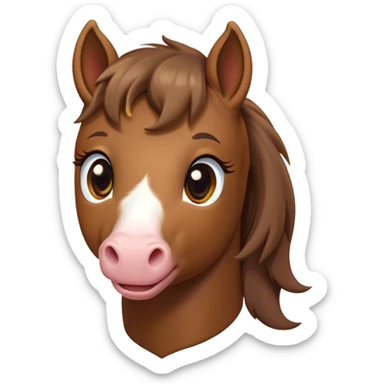 Cinematic Cute Brown Welsh Pony Portrait Emoji, Head tilted playfully and inquisitively, featuring a compact, charming form with a glossy, deep brown color, round, sparkling eyes full of gentle mischief, and a sweet, soft muzzle, Simplified yet irresistibly adorable features, highly detailed, glowing with a warm, inviting glow, high shine, affectionate and lively, stylized with a touch of rustic whimsy, soft glowing outline, capturing the essence of a mischievous yet endearing brown Welsh pony that seems as if it could prance out of the screen into your arms! sticker