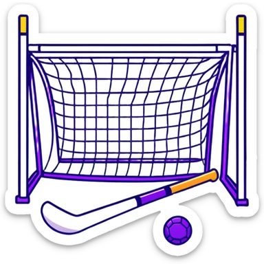field hockey stick and ball on vibrant green grass field with goalposts sticker