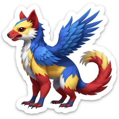 Blue-red-yellow, white-breasted Gryphon-Trico-Sergal-Furret-Ferret-Wolverine-Vernid-fusion-Fakemon-animal-hybrid-creature, full body sticker