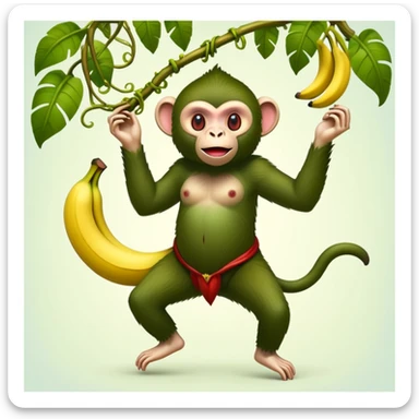 A surreal hybrid creature that is half monkey (top) and half banana (bottom). Green monkey with red facial features on top, and an opened banana peel forming the lower body. Set in a jungle with hanging vines and soft light filtering through trees sticker