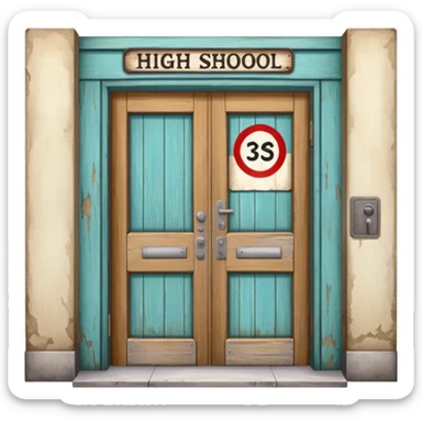 A Doorway with a "High School" Sign sticker