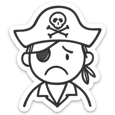 sad pirate, hand drawn black outline style sticker