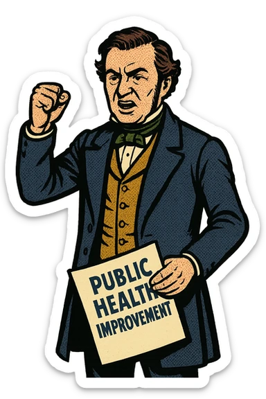 the full image of a middle aged victorian politician holding a document in his left hand which reads 'Public Health Improvement'. sticker
