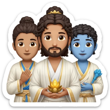 Create a Jesus - men long wavy dark-brown hair, short beard, wearing a simple white robe., Krishna- men blue skin with dark curled hair , and Buddha standing together. Buddha: men warm golden or light tan skin, dark curled hair with a traditional top bun (ushnisha)

 sticker