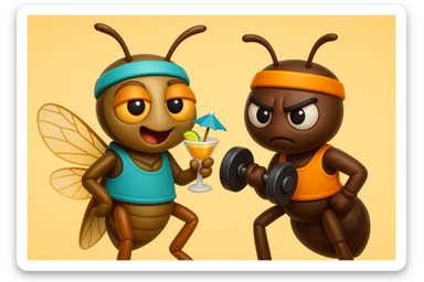 EMOJI STILE IPHONE 3D DI UNA CICALA E UNA FORMICA IN ABITI FITNESS, LA CICALA HA IN MANO UN COCKTAIL MENTRE LA FORMICA HA IN MANO UN MANUBRIO DA PALESTRA. L'IMMAGINE RAPPRESENTA IL FATTO CHE LA FORMICA VOGLIA IMPEGNARSI REALMENTE PER CAMBIARE IL SUO FISICO MENTRE LA CICALA SI VUOLE DIVERTIRE E NON CONCLUDE NULLA ALLA FINE sticker