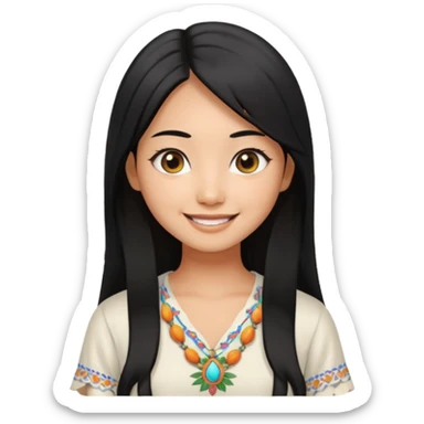 30 yr old asian woman center parted hair big eyes big smile tanned skin straight black hair hippie part hair white blouse sticker