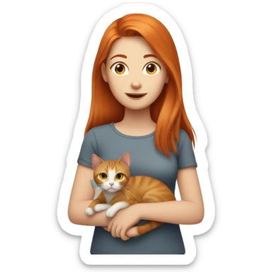 Girl with ginger hair holding a grey cat sticker