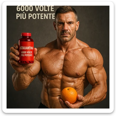 hyper realistic bodybuilder showing red astaxanthin bottle and orange, sculpted muscles, text 'Astaxantina: 6000 volte più potente', motivational atmosphere, realistic details sticker