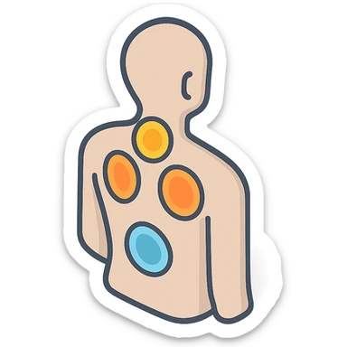 Silhouette of a back with pain zones highlighted by color: yellow in the neck, blue in the lower back, and orange in the shoulder blades. Style: 2D Isometric with clear shadows and highlights, transparent background. sticker