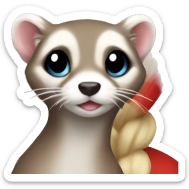 Ferret in hands of a blond girl with blue eyes and long eyelashes in red hoodie  sticker