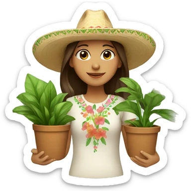 Girl with brown hair wearing a sombrero holding plants sticker