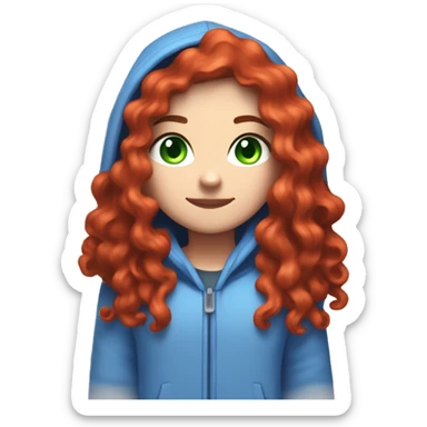 a white girl with long red curly hair, wearing periwinkle Minecraft hoodie playing a videogame sticker
