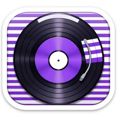 black pixel art vinyl record with a purple and white striped middle label, pixel art sticker