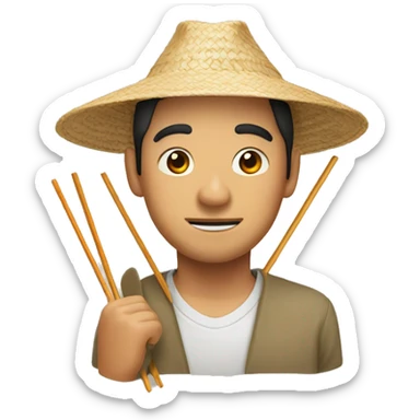 Asian man with chopsticks and a straw hat sticker