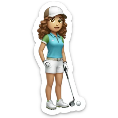 female with brown wavy hair dressed in golfwear with golf gear sticker