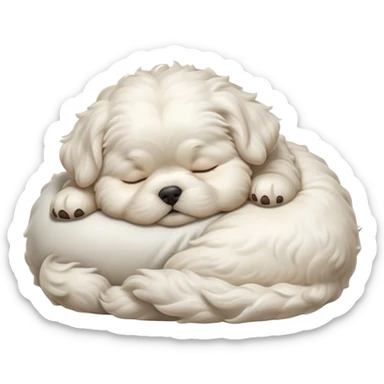 Cinematic Chubby Sleeping Wavy-Haired Maltese Dog Portrait Emoji, Chubby and serene, with a round, adorable build and a soft, wavy-haired white coat, eyes gently closed in peaceful slumber, Simplified yet irresistibly endearing features, highly detailed, glowing with a gentle, dreamy glow, high shine, relaxed and content, stylized with a touch of whimsy, bright and heartwarming, soft glowing outline, capturing the essence of a blissfully sleepy companion, so comically serene it feels like it could roll out of the screen and snore with adorable charm! sticker
