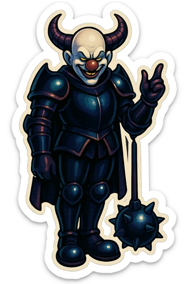 An evil, menacing armored clown with no hair, ram horns pointing up, glossy black on matte black armor, short cape hanging down, large black clown shoes, standing relaxed with feet close together, arms down, oversized spiked mace hanging to the ground, eyes barely open, sinister smile, gesturing with his free hand, vibrant retro stickers style, no yellow aged tint, full body, transparent background, reference images included sticker