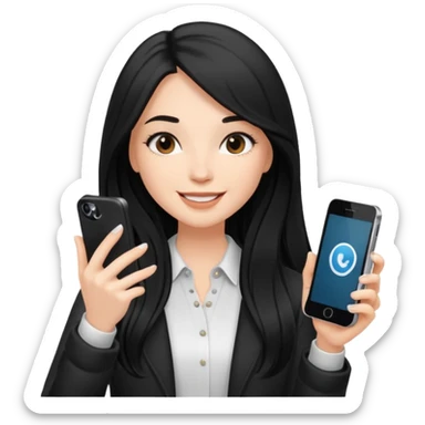 White influencer girl with black long haired, phone in hand, recording herself, confident, trendy, sticker