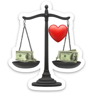 A scale, with a big red heart on one side and a wad of dollars on the other. sticker