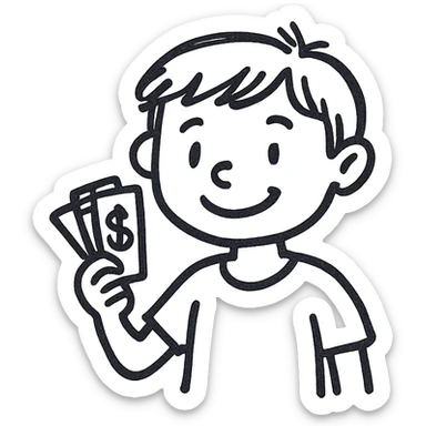 a boy holding money sticker