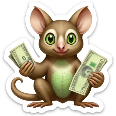 Flying lemur with big ears and green eyes named momo with money sticker