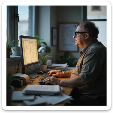 Office: slim colleague working quickly, obese person looking at monitor with lost air, desk full of messy notes, realistic atmosphere, hyperrealistic 4K details. sticker