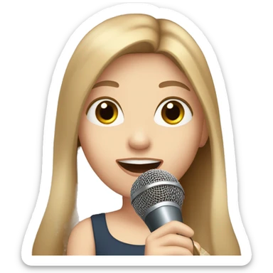 a girl with long brown hair, hazel eyes, pale skin, singing into a microphone sticker