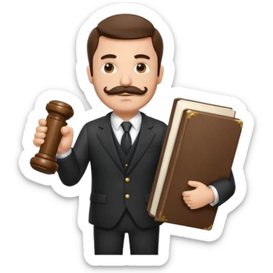Create a male lawyer. he is wearing a fromal suit jckeret. He is holding a gavel in one hand and a book tucked under his another arm. He has a mustache and BEARD both! sticker