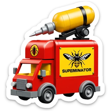Heroic Lego SuperBug Ron’s exterminator superminator antique tall moving van (motto: Bombing creepy bugs is fun) sticker