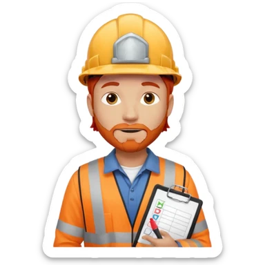 A safety construction worker who is male and has red hair, no beard but slight facial scruff from time to time. He needs a hard hat and maybe a clipboard with a check list for his safety checks. sticker
