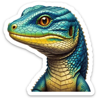 Cinematic Noble Monitor Lizard Portrait Emoji, Poised and regal, with a robust, scaled body exhibiting striking, mottled patterns and piercing, alert eyes, Simplified yet sharp and sophisticated features, highly detailed, glowing with a soft, earthy glow, high shine, intelligent and formidable, stylized with an air of ancient wilderness, focused and commanding, soft glowing outline, capturing the essence of a watchful and confident reptilian guardian that appears ready to stride out of the screen with effortless authority! sticker