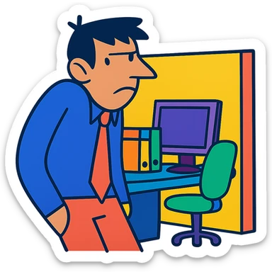 person with exaggeratedly sloping shoulders, looking away, at an office cubicle, symbolizing shirking responsibility sticker