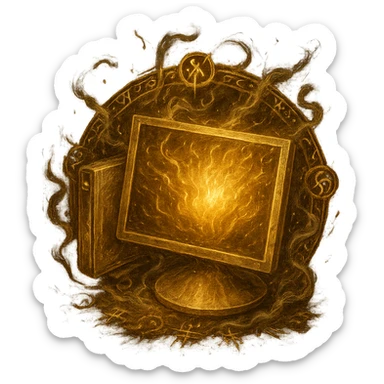 Make a version of the Windows 'My Computer' icon as an Elden Ring incantation with a transparent background. Show the computer glowing with golden light, magical glyphs, and ethereal smoke, in the style of Elden Ring spell icons. 1080 x 1080 format. sticker