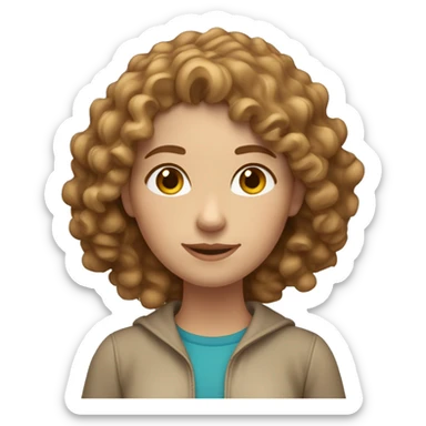 Create a 3D emoji-style image of a young woman with curly light brown hair, fair skin, and wearing neutral-colored clothing. She should have a friendly and confident expression. sticker