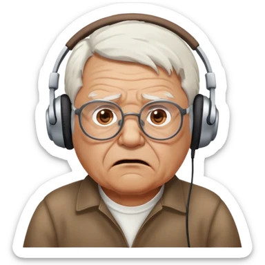 Brown old man with medium white hair, wearing glasses and headphones, looking surprised and angry, no facial hair, chubby, looking to the upper left corner sticker