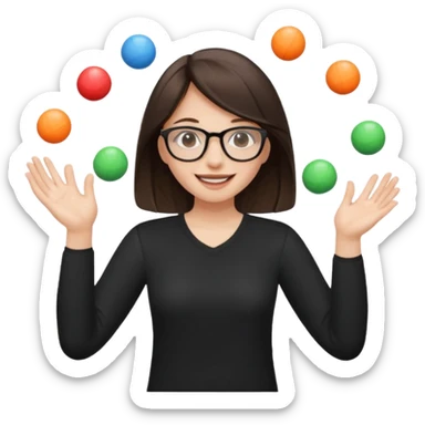 a brunette girl in a black shirt wearing glasses is  juggling  with two hands and smiling  sticker