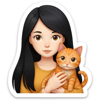 girl with long black hair holding a ginger cat sticker