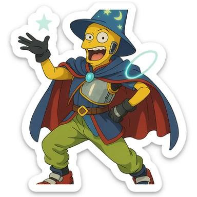 yellow guy showing off his fabulous outfit, with magical glowing accessories, outfit combines prince, alien, terminator, skater, skiier, and wizard, making a weird face, stylish and fabulous, ghibli style sticker