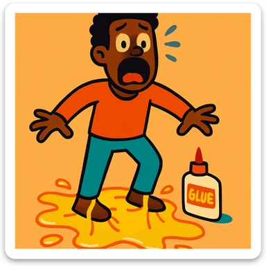 a black man with a shocked face, mouth wide open, standing above a sticky puddle of glue sticker