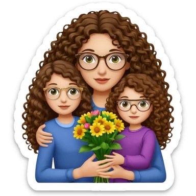 light skinned brunette long curly haired woman with green/hazel eyes framed with large round gold rimmed glasses holding big bright bunch of flowers with one hand and young kindergarten age daughter's hand (also with long brown curly hair) in other. White background. sticker