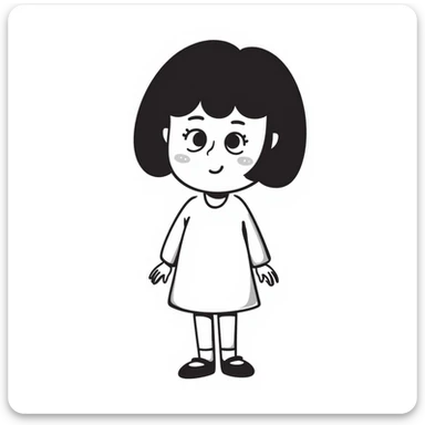 cute girl with blunt bangs, mid-short hair, big eyes, hand-drawn doodle style sticker