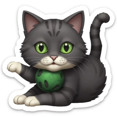 solid dark grey cat with green eyes, completely solid grey face, white toes/paws playing rolling upside down sticker