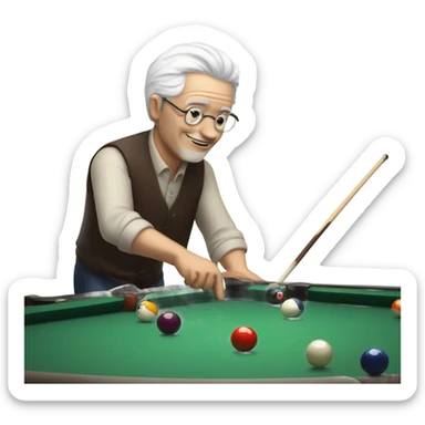 Older man with white hair playing pool with cue while drinking wine sticker