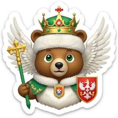Cute brown bear head with green eyes, wearing white fur ushanka hat with Russian coat of arms: golden double-headed eagle with spread wings, three crowns connected by ribbon, scepter in right claw, orb in left claw, red shield on chest with St. George slaying dragon, iOS emoji style sticker