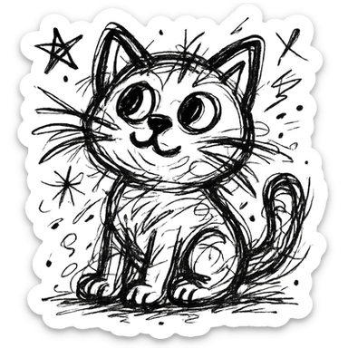 chaotic outlined icon of a cute kitten sitting and looking up, with wild scribbled lines sticker