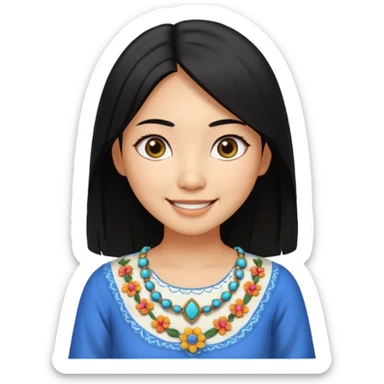 30 yr old asian woman center parted hair big eyes big smile tanned skin straight black hair hippie part hair white blouse sticker