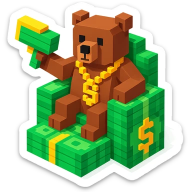 brown Russian grizzly bear with a rapper chain and a money gun, sitting on a throne of cash sticker