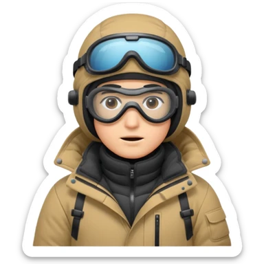 scientist bundled up in extreme cold weather gear, with goggles, thick parka, gloves, and snow boots, only face partially visible, standing in snow sticker