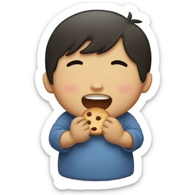 little Asian boy big belly, eating a cookie sticker