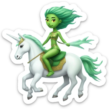 a green amazon alien woman on a white unicorn no woke sticker